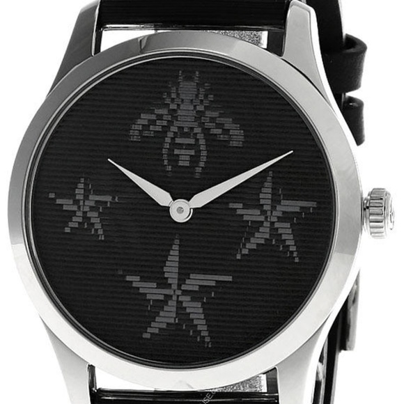 Authentic New GUCCI G-Timeless Bee and Star Motif Black Dial Leather Strap